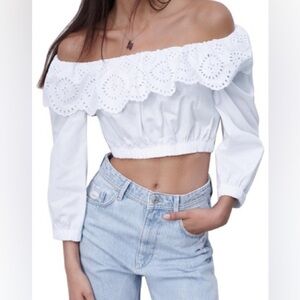 Zara White Embroidered Eyelet Poplin Size Blouse